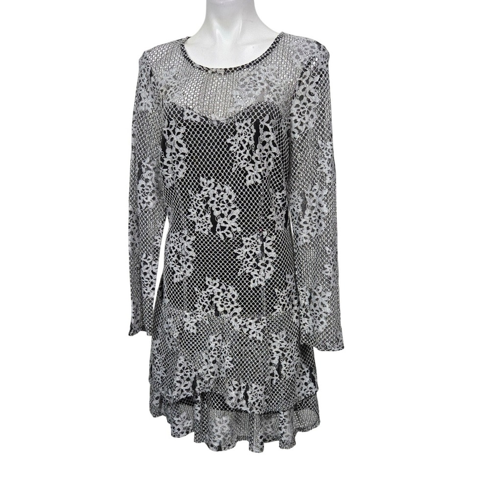 KUT from the Kloth Black White Lace Long Sleeve Tiered Dress KD39001 Womens 12